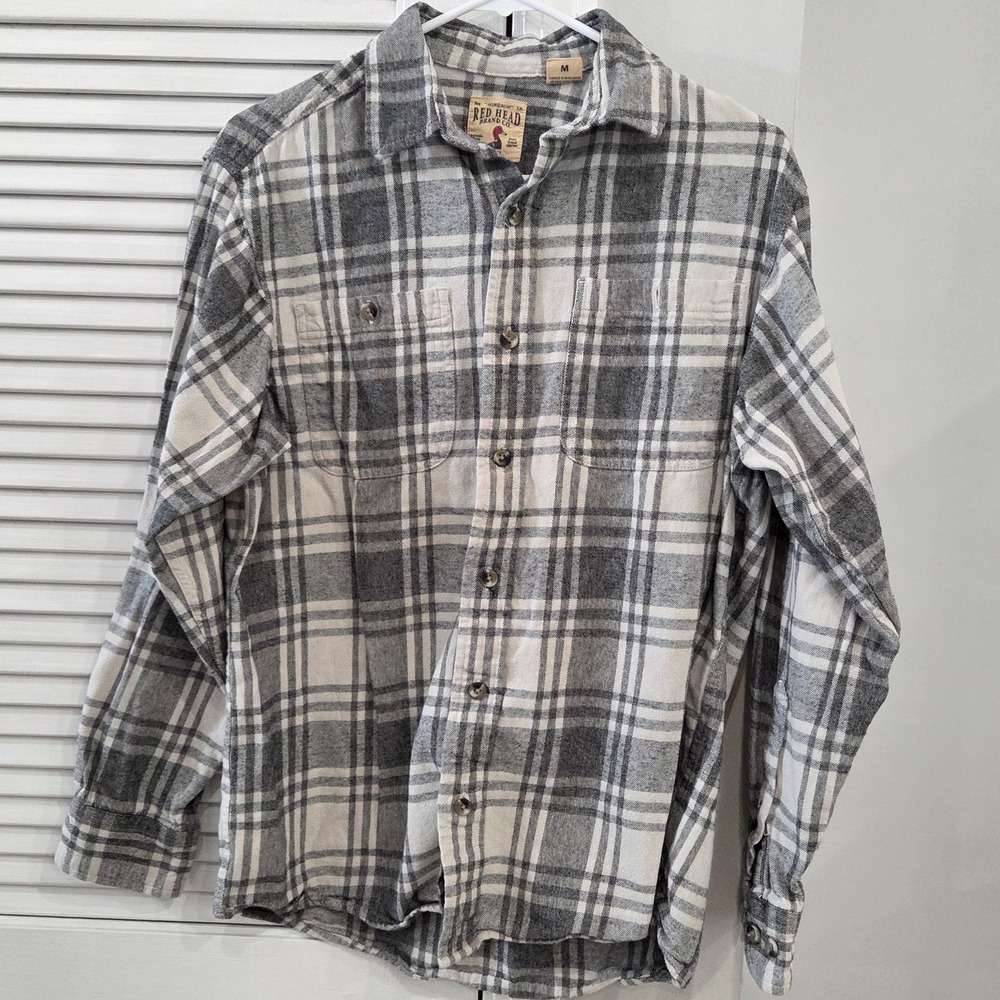 Mens Red Head Brand Co. Gray & White Pland Long Sleeve Flannel Button Up Med
